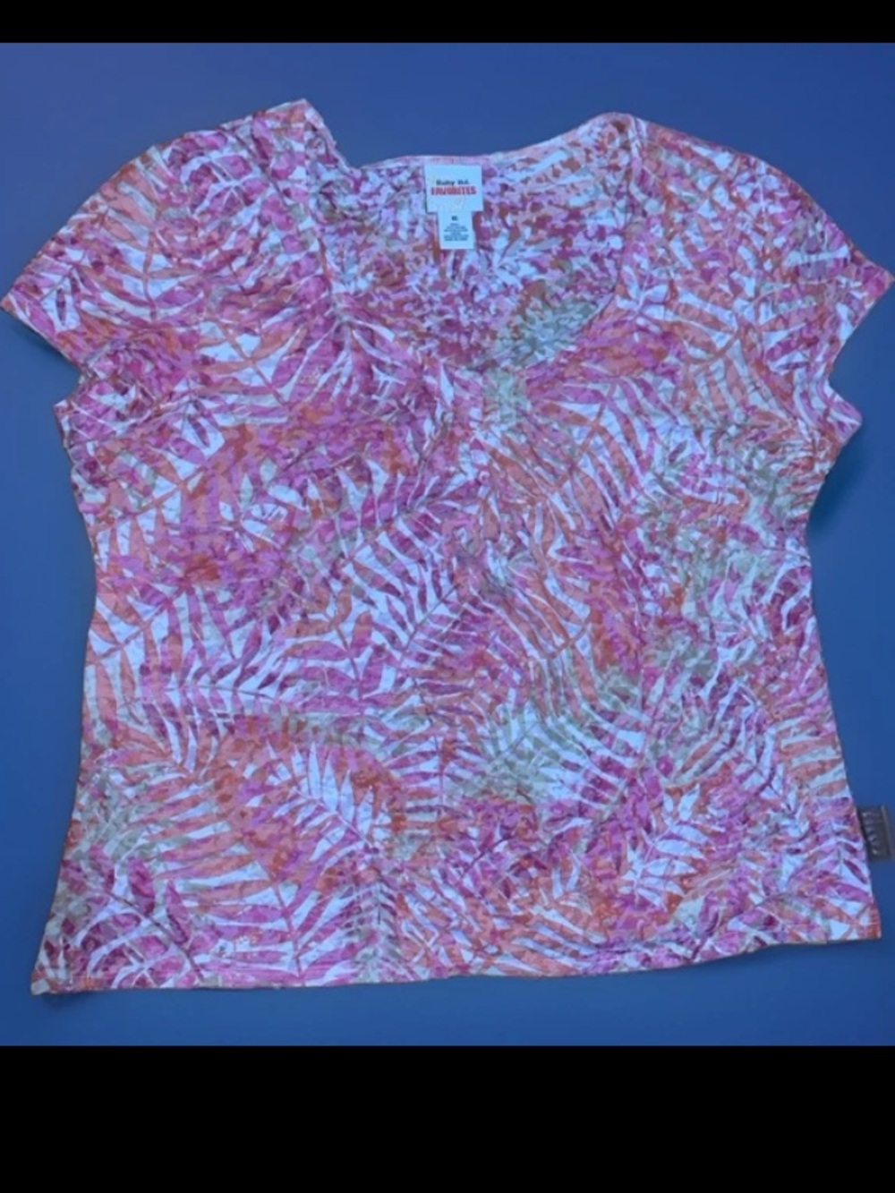 Ruby Rd. Favorites Tropical Palm Leaf Print Burnout V-Neck Top Short Sleeve  XL